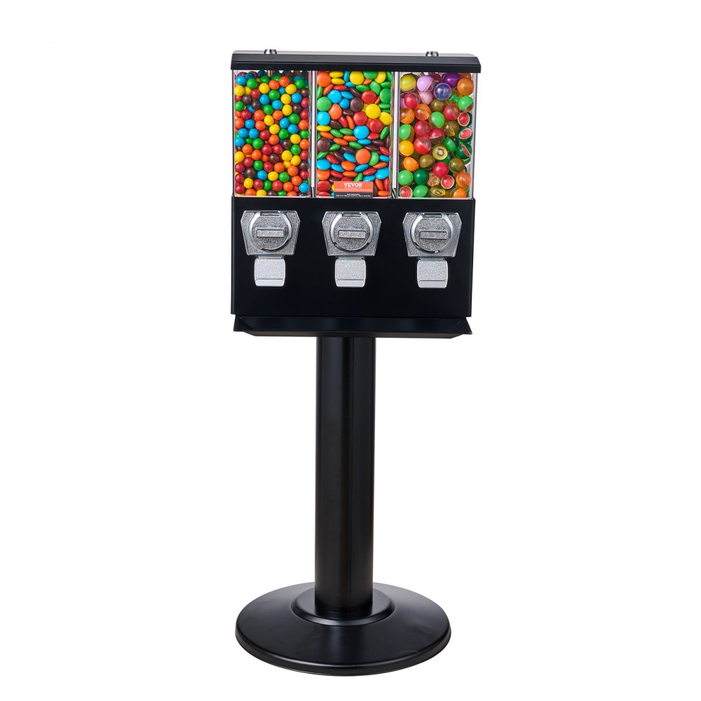 Máquina expendedora comercial VEVOR, dispensador de caramelos de tres compartimentos con soporte de hierro, máquina de chicles y caramelos para negocios, alcancía de monedas para cápsulas de juguete, bolas saltarinas y caramelos, color negro