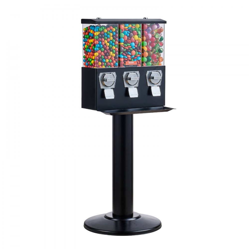 Máquina expendedora comercial VEVOR, dispensador de caramelos de tres compartimentos con soporte de hierro, máquina de chicles y caramelos para negocios, alcancía de monedas para cápsulas de juguete, bolas saltarinas y caramelos, color negro