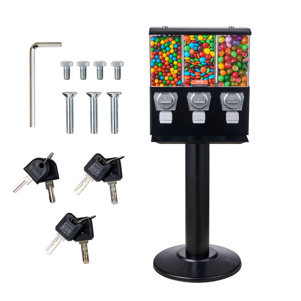Máquina expendedora comercial VEVOR, dispensador de caramelos de tres compartimentos con soporte de hierro, máquina de chicles y caramelos para negocios, alcancía de monedas para cápsulas de juguete, bolas saltarinas y caramelos, color negro