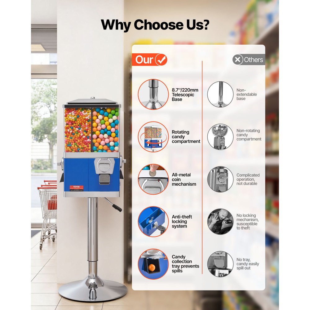 VEVOR Candy Vending Machine, Four Compartment Candy Vending Machine with Stand, Gumball & Candies Vendings Machines with Adjustable Height, Vintage Candies Dispenser for Shop, Arcade, Family Gathering