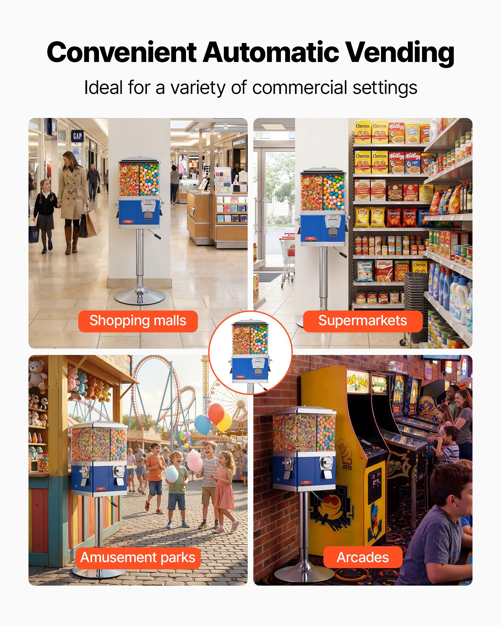 VEVOR Candy Vending Machine, Four Compartment Candy Vending Machine with Stand, Gumball & Candies Vendings Machines with Adjustable Height, Vintage Candies Dispenser for Shop, Arcade, Family Gathering