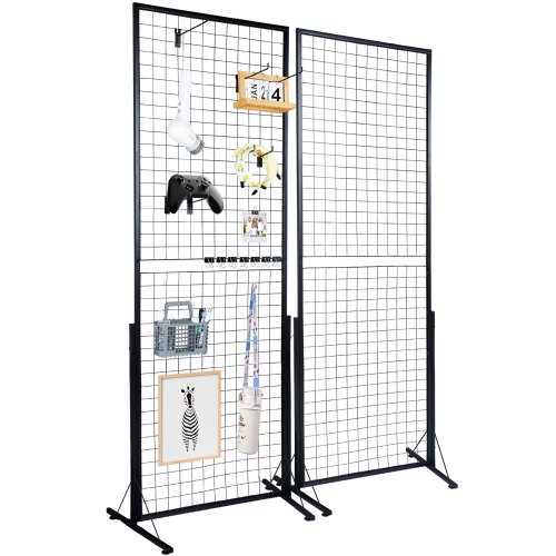 VEVOR Torre de paneles de pared de rejilla de 2' x 5.6', 2 paquetes de estantes de exhibición de rejilla de alambre con base en T de pie, paneles de pared de rejilla de doble cara para espectáculos de artesanía, exhibición minorista con clips y ganchos adicionales