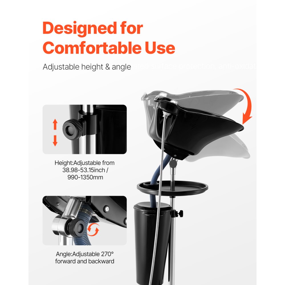 Lavabo portátil VEVOR, lavabo profundo para lavar el cabello con altura y ángulo ajustables, incluye manguera de drenaje, cabezal de ducha y cubo, lavabo portátil para peluquería, spa, color negro.