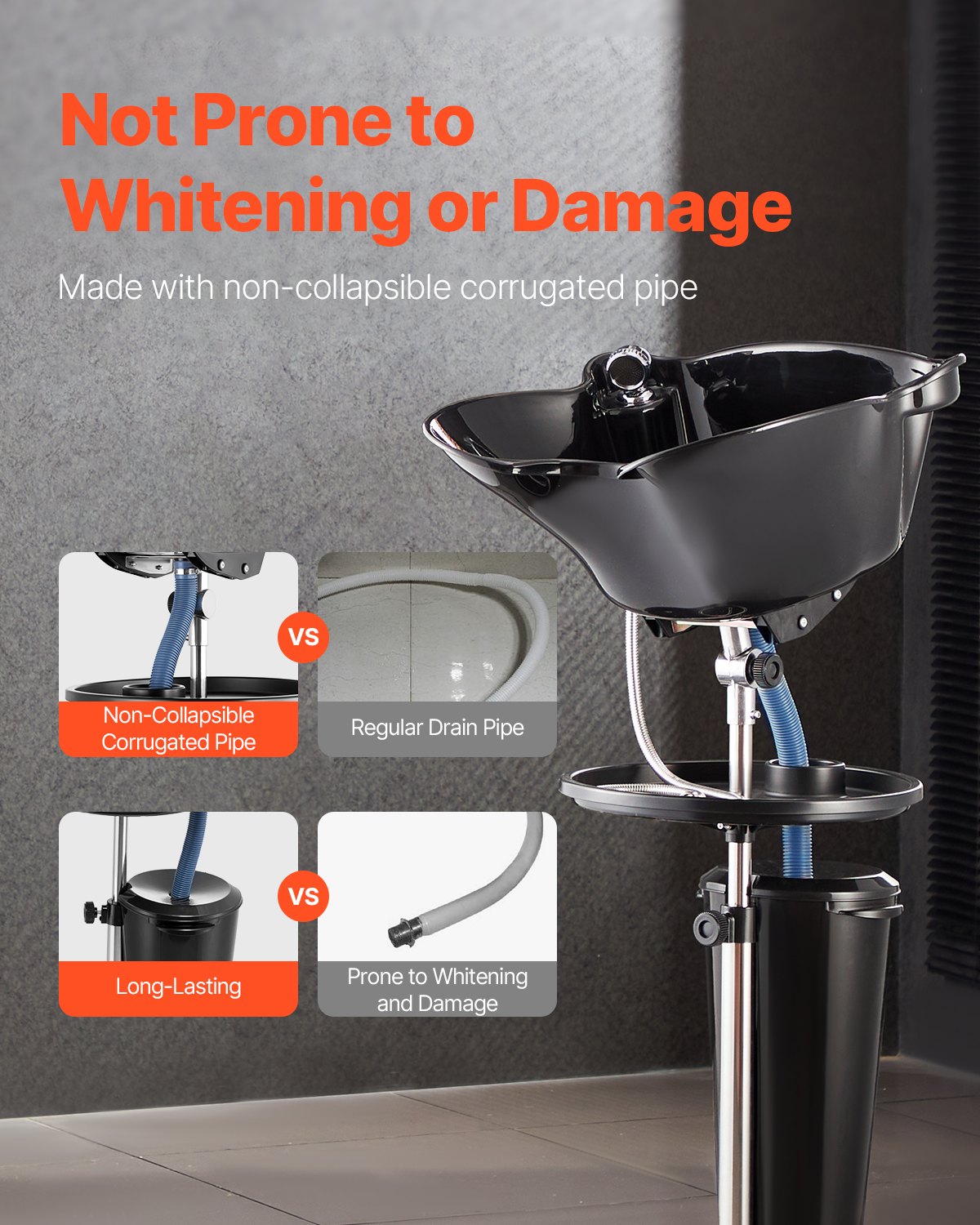 Lavabo portátil VEVOR, lavabo profundo para lavar el cabello con altura y ángulo ajustables, incluye manguera de drenaje, cabezal de ducha y cubo, lavabo portátil para peluquería, spa, color negro.