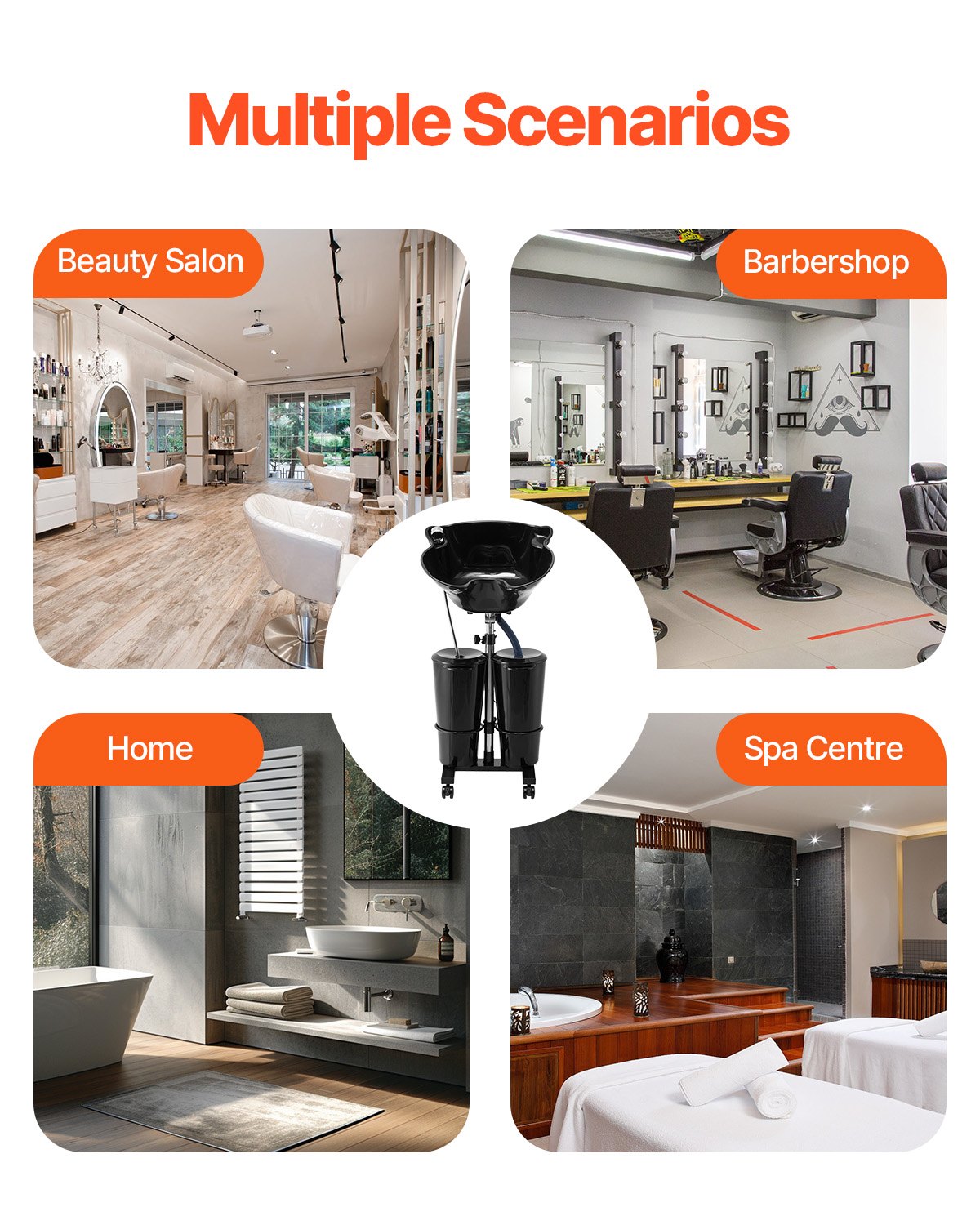 Lavacabezas portátil VEVOR, lavacabezas con bomba eléctrica, incluye 2 cubos, 2 cabezales de ducha, manguera de drenaje y altura y ángulo ajustables. Ideal para uso doméstico o de salón. Color negro.