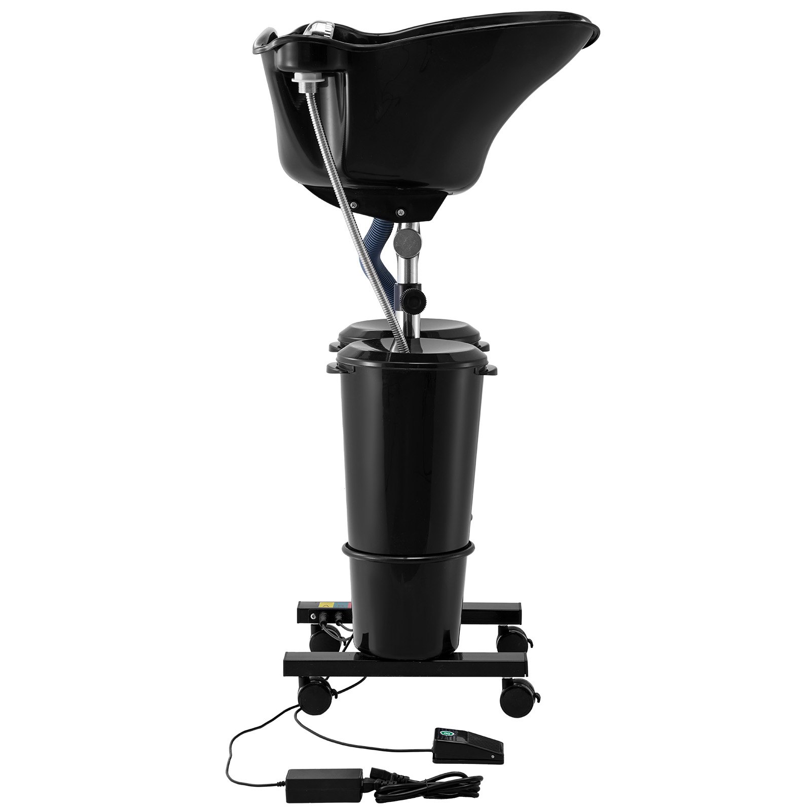 Lavacabezas portátil VEVOR, lavacabezas con bomba eléctrica, incluye 2 cubos, 2 cabezales de ducha, manguera de drenaje y altura y ángulo ajustables. Ideal para uso doméstico o de salón. Color negro.