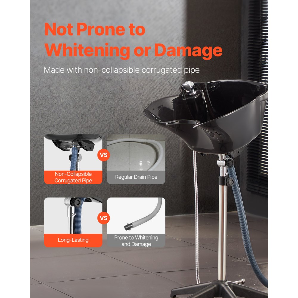 VEVOR Lavabo Portátil para Champú Lavabo Profundo para Lavar el Cabello de Altura y Ángulo Ajustables con Manguera de Drenaje, Cabezal de Ducha para Peluquería, Salón de Belleza, Centro de Spa, Negro