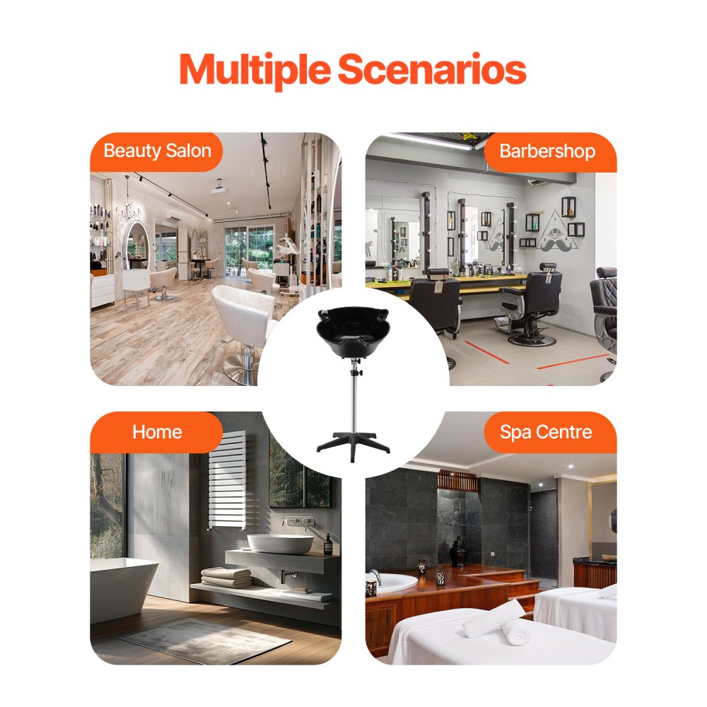 VEVOR Lavabo Portátil para Champú Lavabo Profundo para Lavar el Cabello de Altura y Ángulo Ajustables con Manguera de Drenaje, Cabezal de Ducha para Peluquería, Salón de Belleza, Centro de Spa, Negro