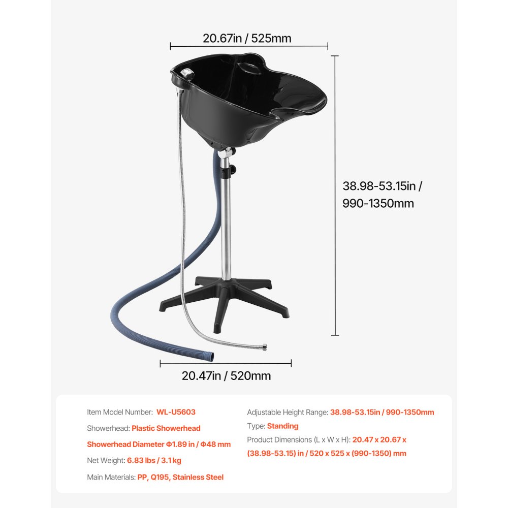 VEVOR Lavabo Portátil para Champú Lavabo Profundo para Lavar el Cabello de Altura y Ángulo Ajustables con Manguera de Drenaje, Cabezal de Ducha para Peluquería, Salón de Belleza, Centro de Spa, Negro
