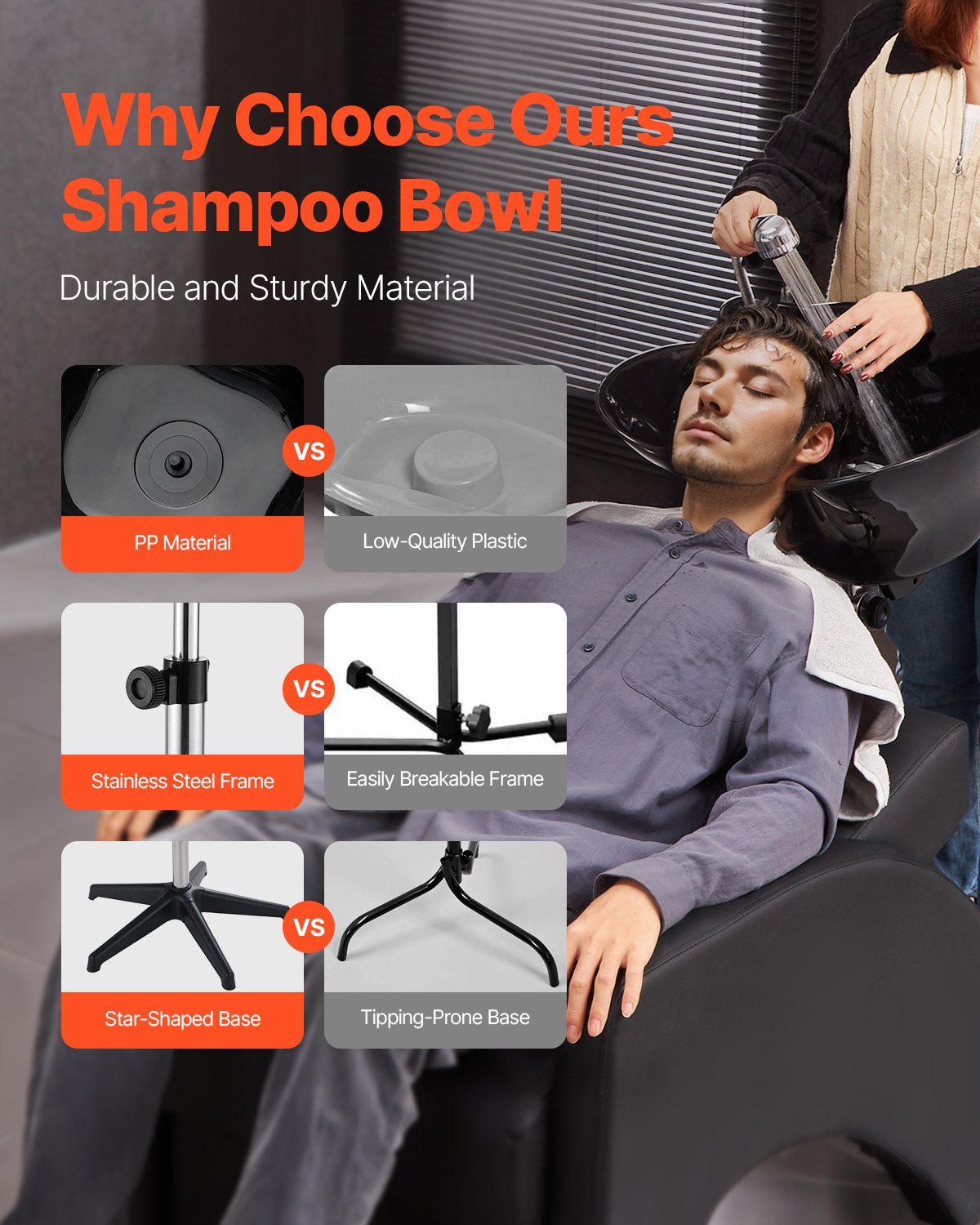 VEVOR Lavabo Portátil para Champú Lavabo Profundo para Lavar el Cabello de Altura y Ángulo Ajustables con Manguera de Drenaje, Cabezal de Ducha para Peluquería, Salón de Belleza, Centro de Spa, Negro