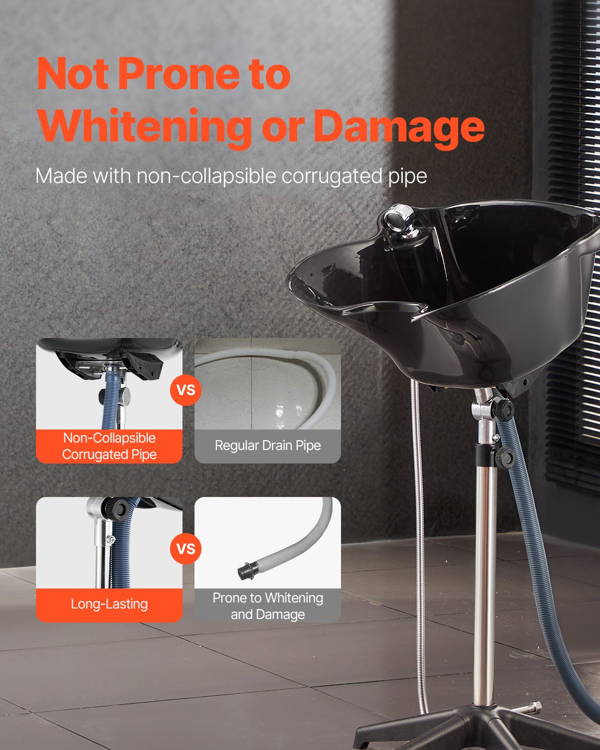 VEVOR Lavabo Portátil para Champú Lavabo Profundo para Lavar el Cabello de Altura y Ángulo Ajustables con Manguera de Drenaje, Cabezal de Ducha para Peluquería, Salón de Belleza, Centro de Spa, Negro