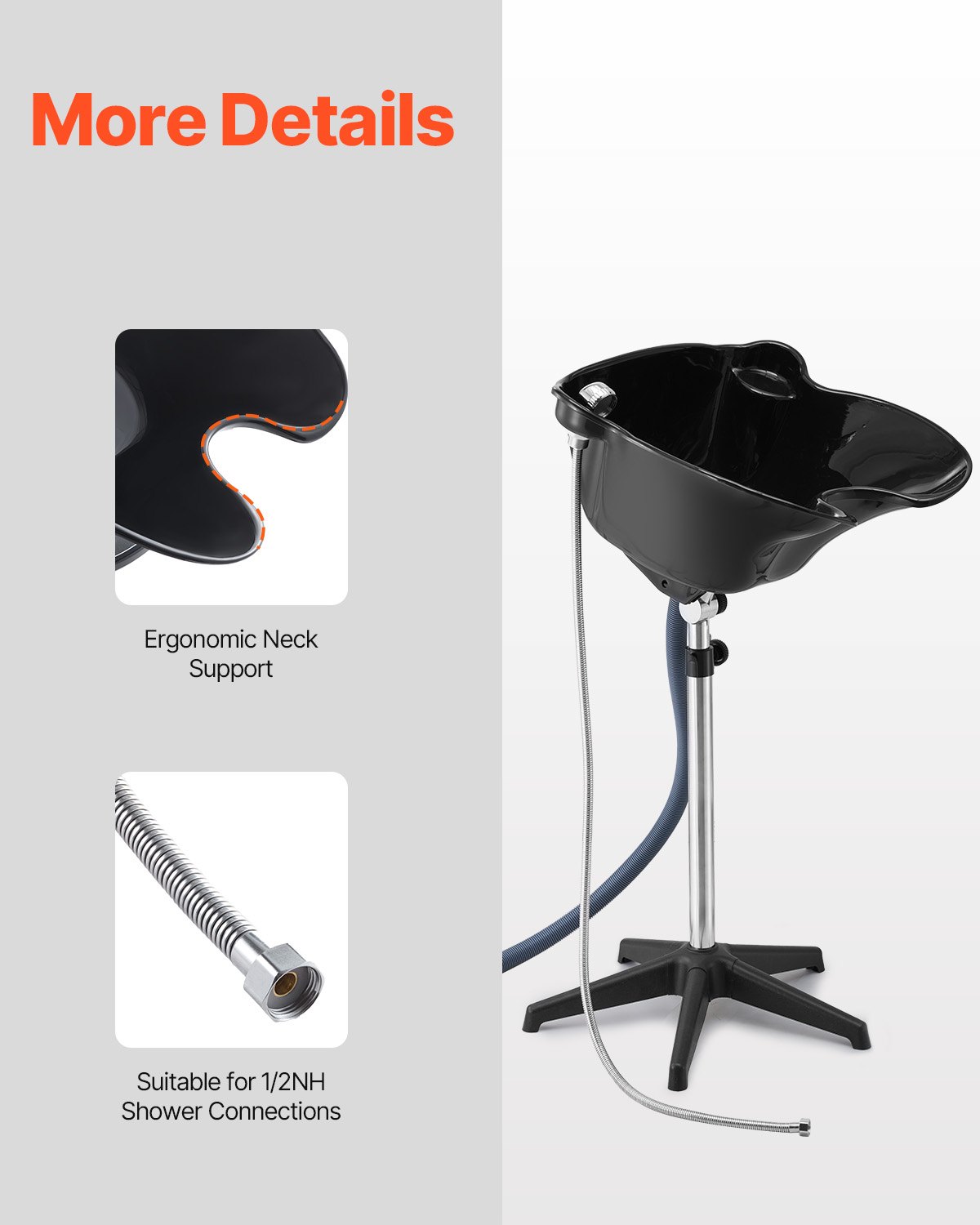 VEVOR Lavabo Portátil para Champú Lavabo Profundo para Lavar el Cabello de Altura y Ángulo Ajustables con Manguera de Drenaje, Cabezal de Ducha para Peluquería, Salón de Belleza, Centro de Spa, Negro