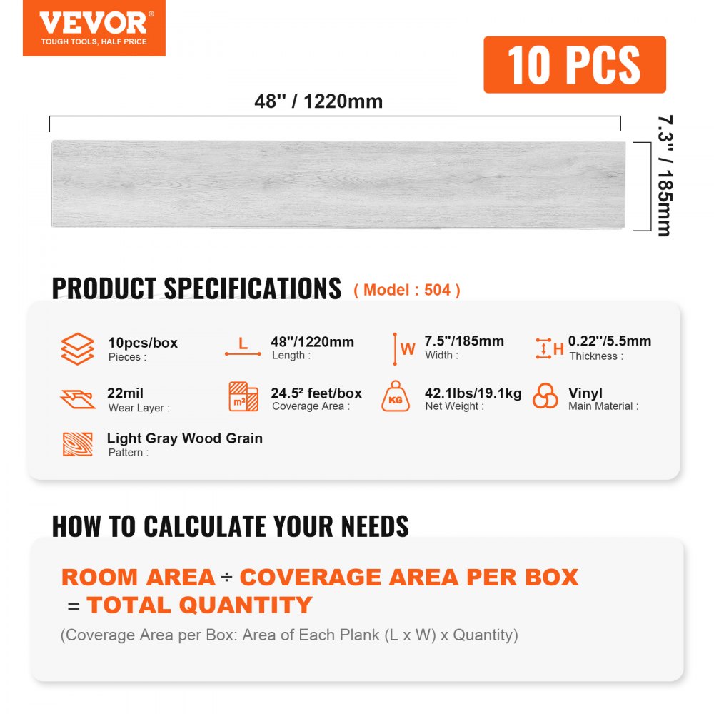 Baldosas de vinilo entrelazadas VEVOR de 122 x 18,5 cm (48 x 7,3 pulgadas), 10 baldosas de 5,5 mm de grosor, fácil instalación, imitación madera gris claro, ideales para cocina, comedor, dormitorios y baños.