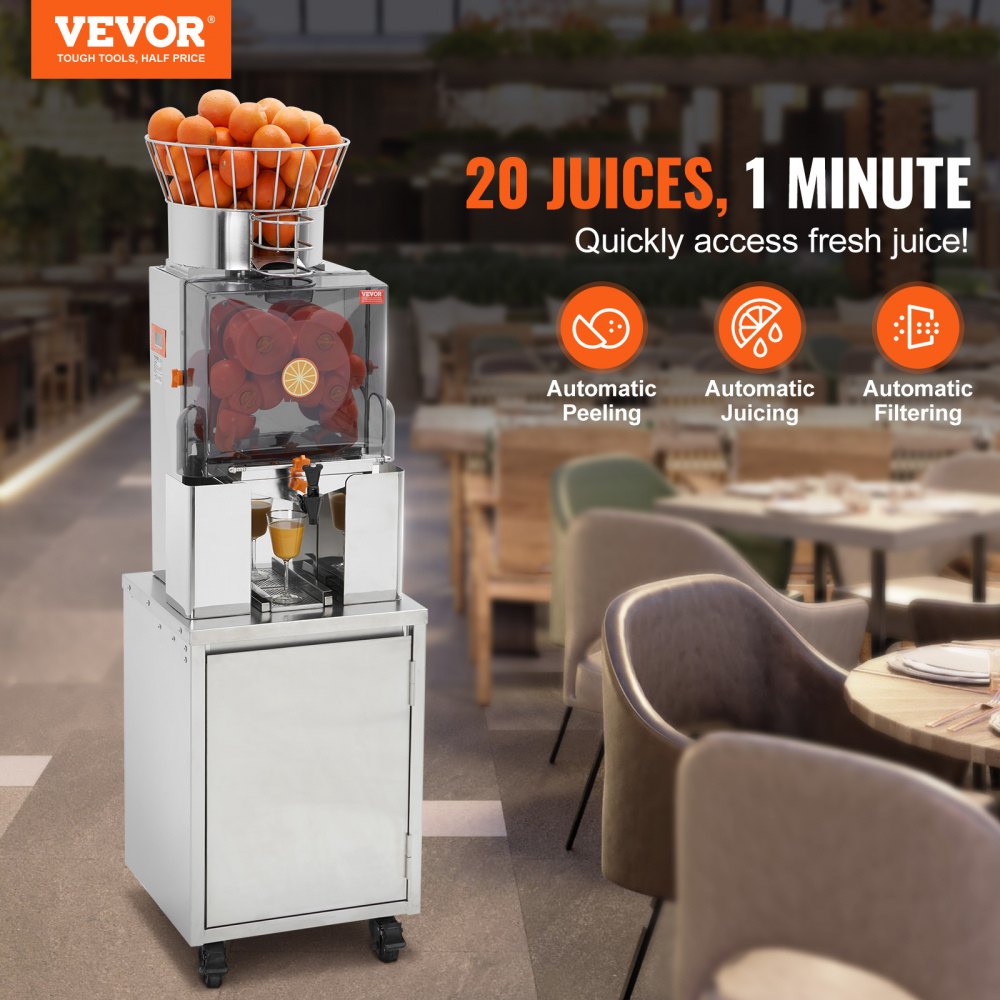 Espacio comercial con exprimidor de naranjas VEVOR, destacando las funciones automáticas de pelado, exprimido y filtrado.