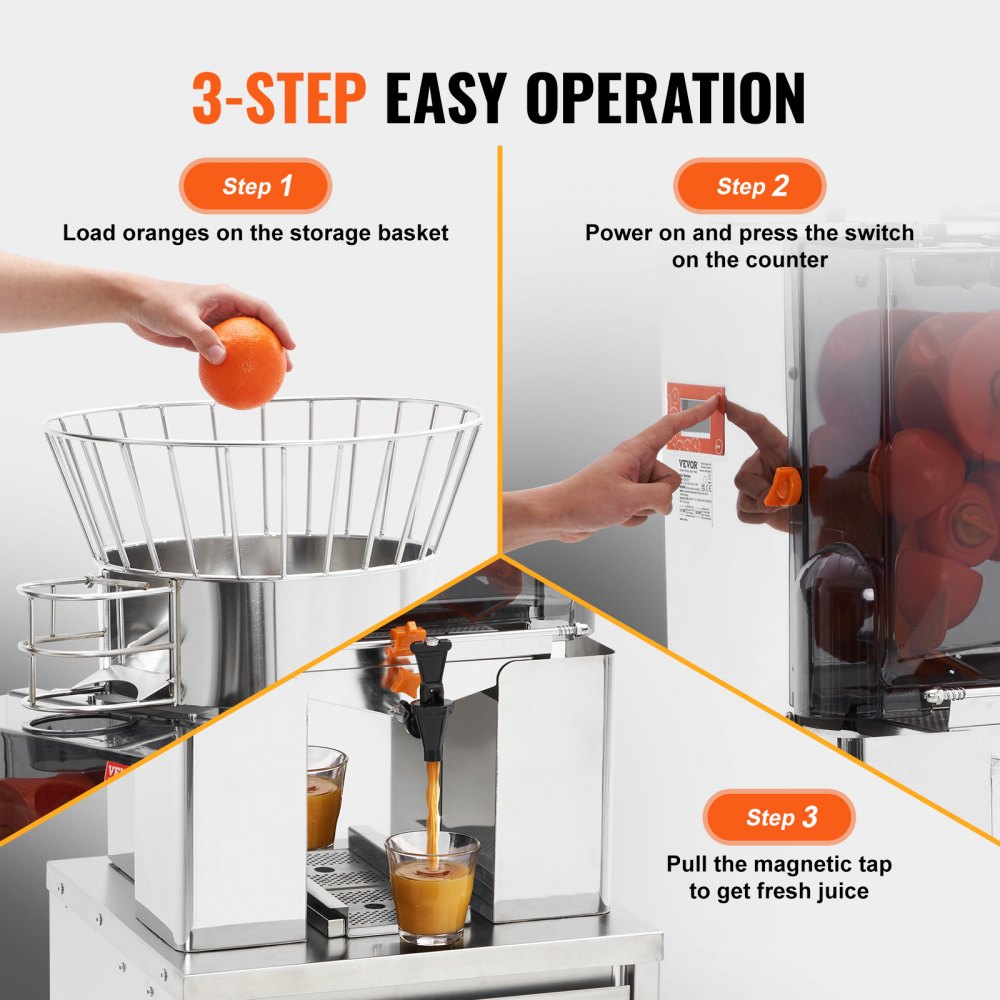 Operación de 3 pasos para el exprimidor de naranjas VEVOR: cargar naranjas, encender, presionar el interruptor, tirar del grifo para obtener jugo fresco.
