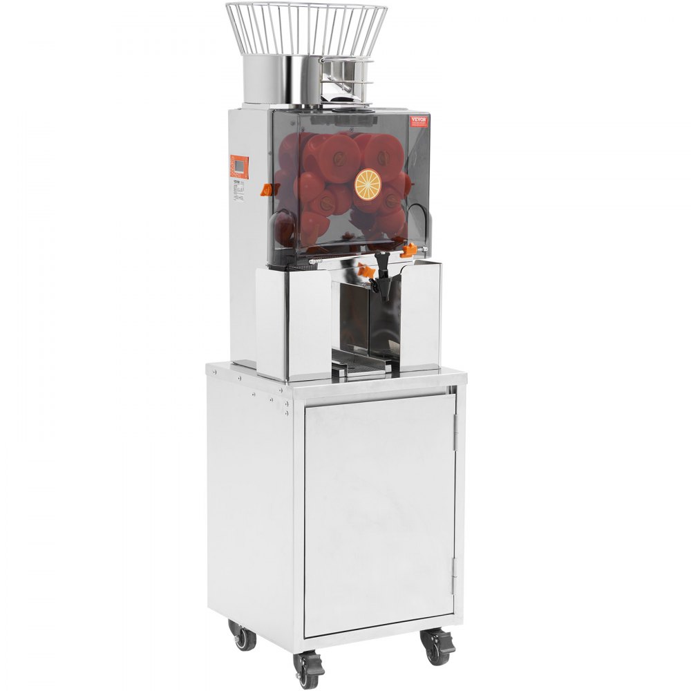 Exprimidor de naranjas VEVOR: estructura de acero inoxidable, panel frontal transparente, mecanismo de exprimidor de naranja, cuatro ruedas.