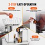 Operación de 3 pasos para el exprimidor de naranjas VEVOR: cargar naranjas, encender, presionar el interruptor, tirar del grifo para obtener jugo fresco.
