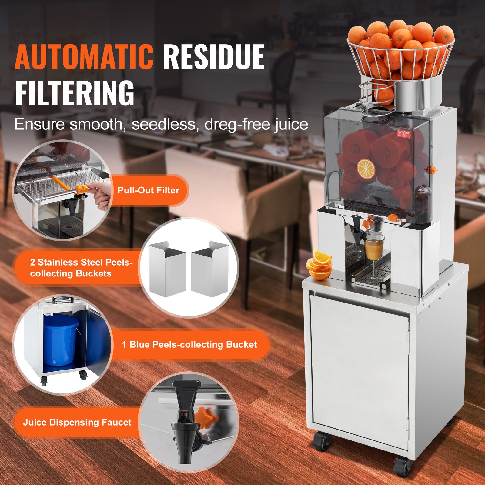 Exprimidor de naranjas VEVOR con filtrado automático de residuos, filtro extraíble y cubo recogedor de cáscaras de acero inoxidable.
