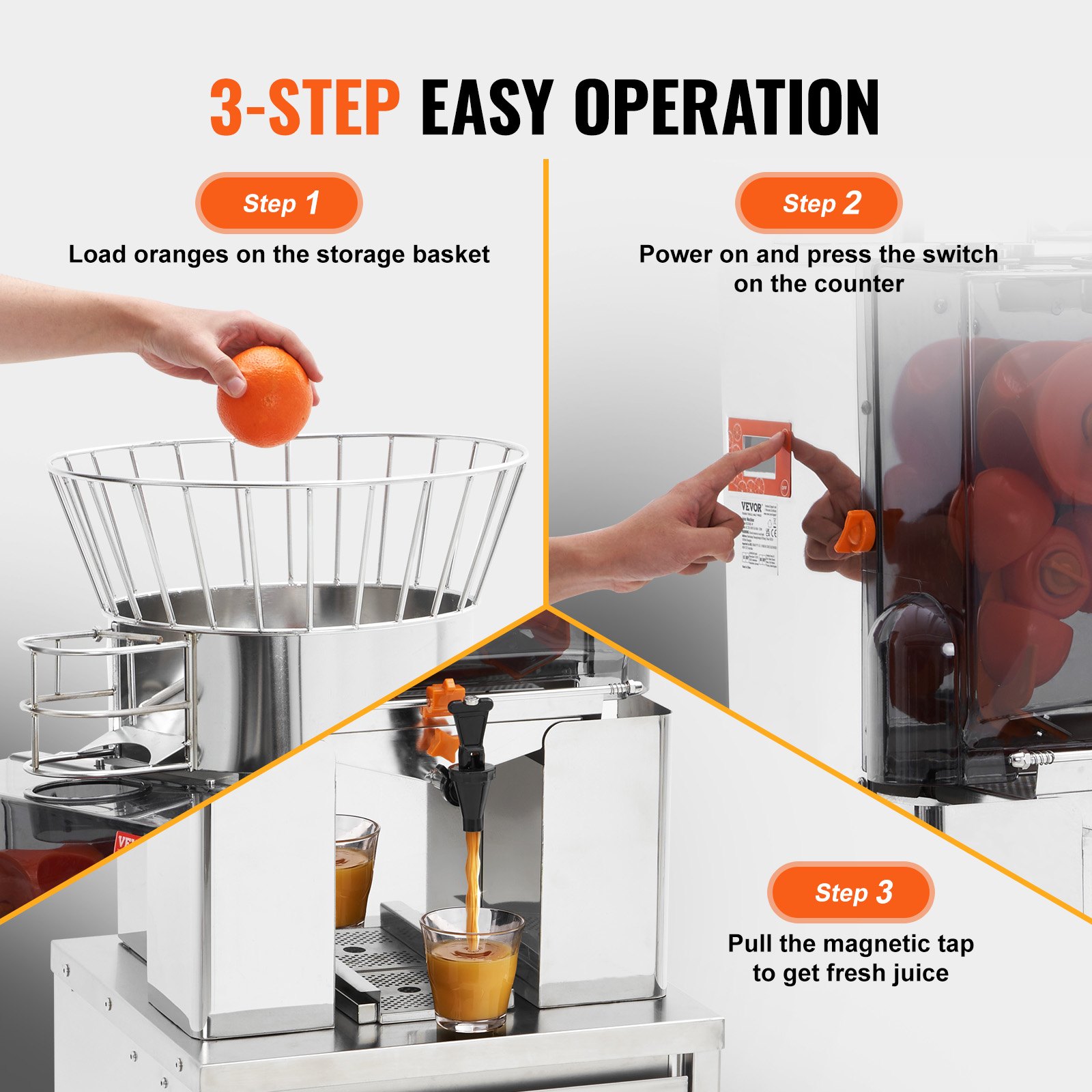 Operación de 3 pasos para el exprimidor de naranjas VEVOR: cargar naranjas, encender, presionar el interruptor, tirar del grifo para obtener jugo fresco.