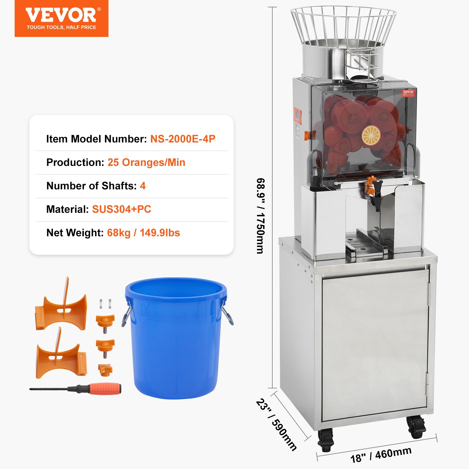 Exprimidor de naranjas VEVOR, ns-2000e-4p, 25 naranjas/min, 4 ejes, sus304+pc, 68kg/149,9lbs. accesorios incluidos.
