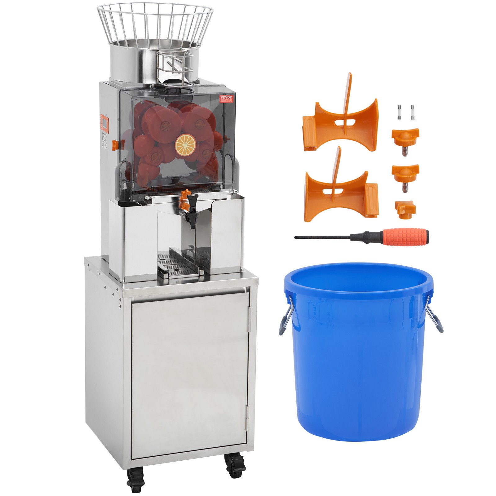 Exprimidor de naranjas VEVOR con cuerpo de acero inoxidable, accesorios y cubo azul para extracción de jugo fresco.