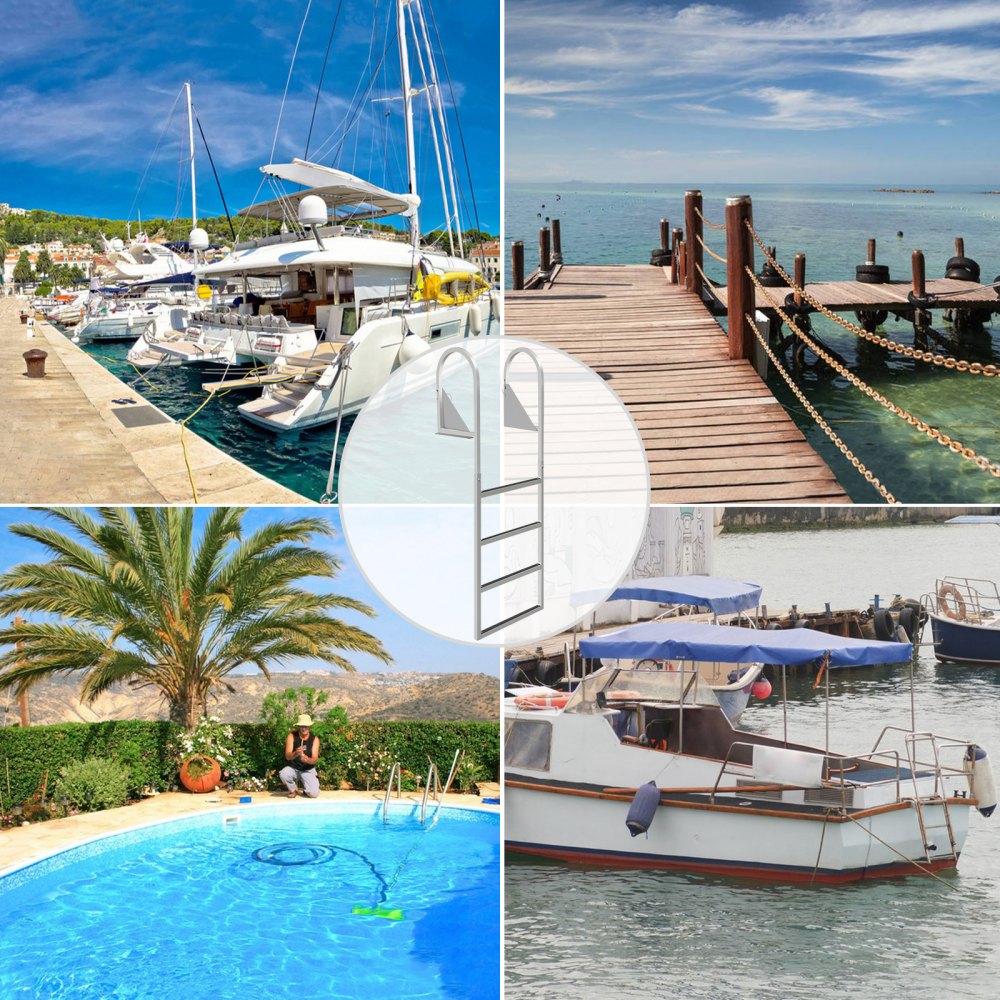 Escaleras de muelle VEVOR abatibles hacia arriba, escalera de muelle con alfombrilla de goma, escalera de baño de aluminio de 4 peldaños, cada escalón de 21,5 pulgadas, carga de 350 libras, para lago, embarque marino, piscina
