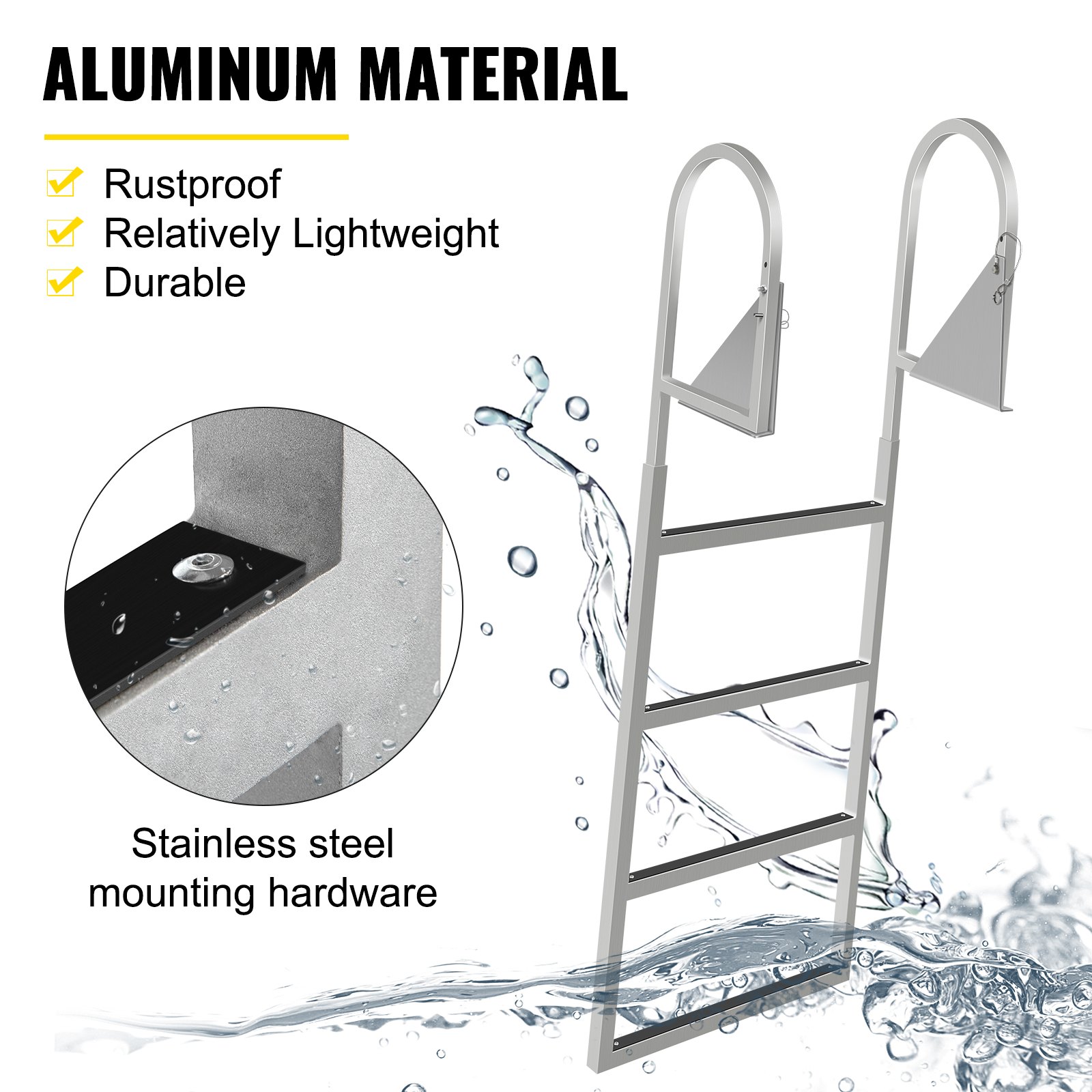 Escaleras de muelle VEVOR abatibles hacia arriba, escalera de muelle con alfombrilla de goma, escalera de baño de aluminio de 4 peldaños, cada escalón de 21,5 pulgadas, carga de 350 libras, para lago, embarque marino, piscina