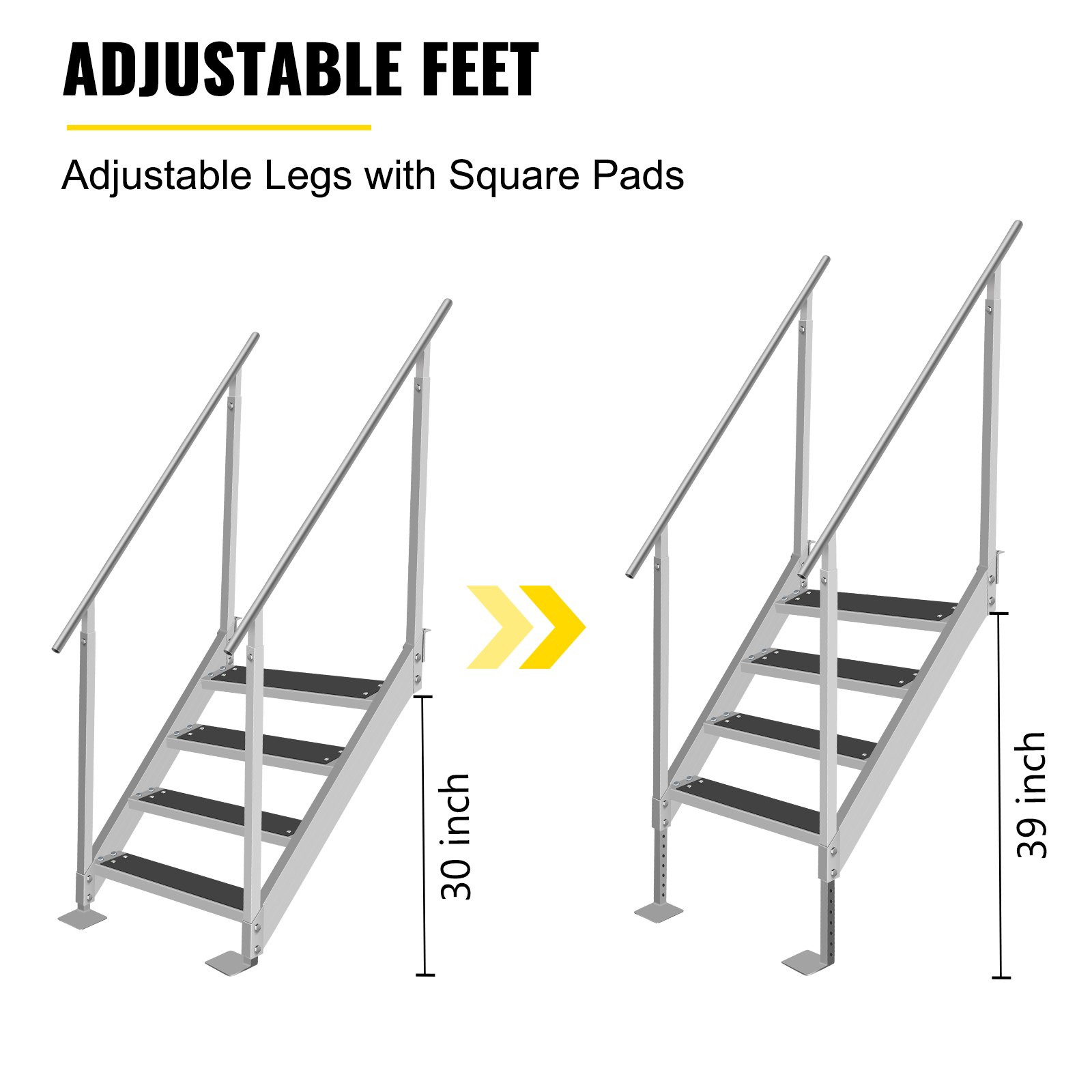 Escalera de muelle VEVOR con alfombrilla de goma, escalones de muelle de 30 a 39 pulgadas de altura ajustable, escaleras de muelle de aluminio de 4 escalones, cada escalón de 22 x 4 pulgadas, carga de 500 libras, para lago, embarque marino, piscina