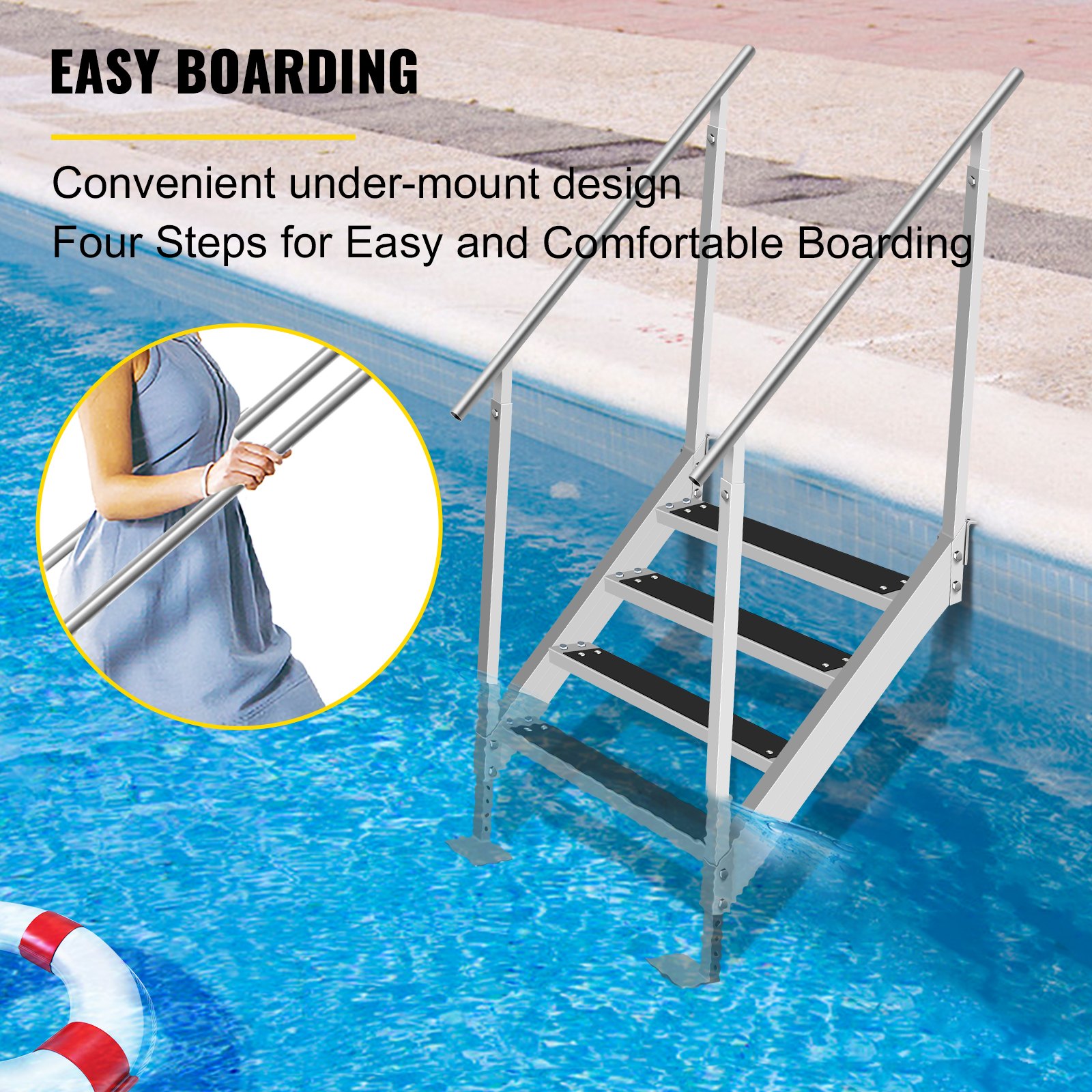 Escalera de muelle VEVOR con alfombrilla de goma, escalones de muelle de 30 a 39 pulgadas de altura ajustable, escaleras de muelle de aluminio de 4 escalones, cada escalón de 22 x 4 pulgadas, carga de 500 libras, para lago, embarque marino, piscina