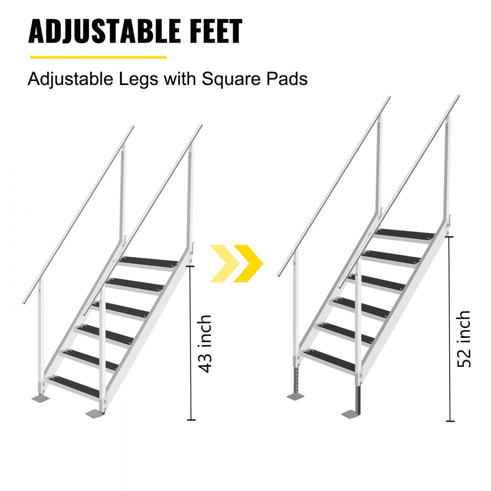 Escalera de muelle VEVOR con alfombrilla de goma, escalones de muelle de 30 a 39 pulgadas de altura ajustable, escaleras de muelle de aluminio de 6 escalones, cada escalón de 22 x 4 pulgadas, carga de 500 libras, para lago, embarque marino, piscina