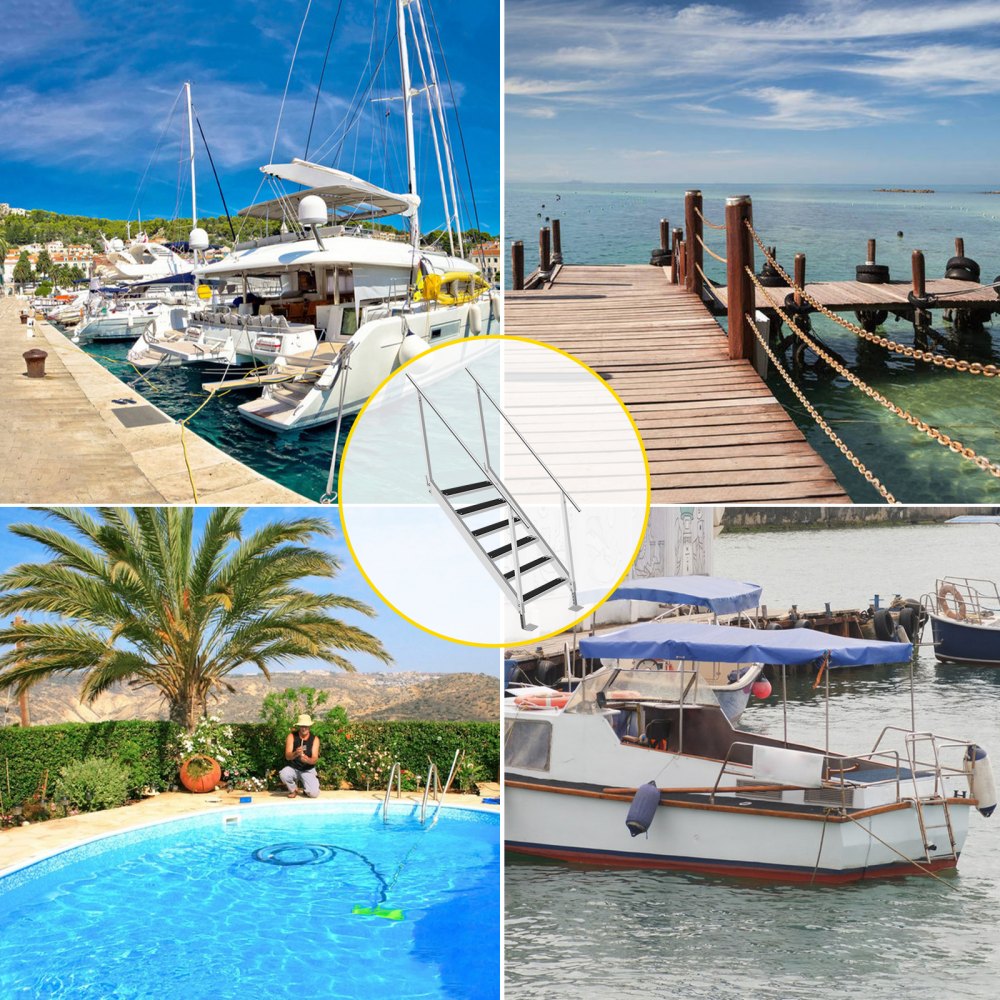 Escalera de muelle VEVOR con alfombrilla de goma, escalones de muelle de 30 a 39 pulgadas de altura ajustable, escaleras de muelle de aluminio de 6 escalones, cada escalón de 22 x 4 pulgadas, carga de 500 libras, para lago, embarque marino, piscina