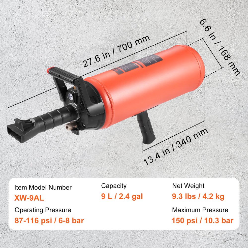 Alineador de talones de neumáticos VEVOR xw-9al con capacidad de 9l y presión máxima de 150 psi.