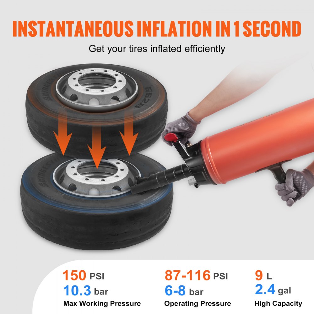 VEVOR Tire Bead Blaster, 150 PSI, inflador neumático portátil de 2.4 gal/9 L, herramienta de inflado portátil, 87-116 PSI para reparación de neumáticos de camiones, vehículos todo terreno, automóviles y tractores.