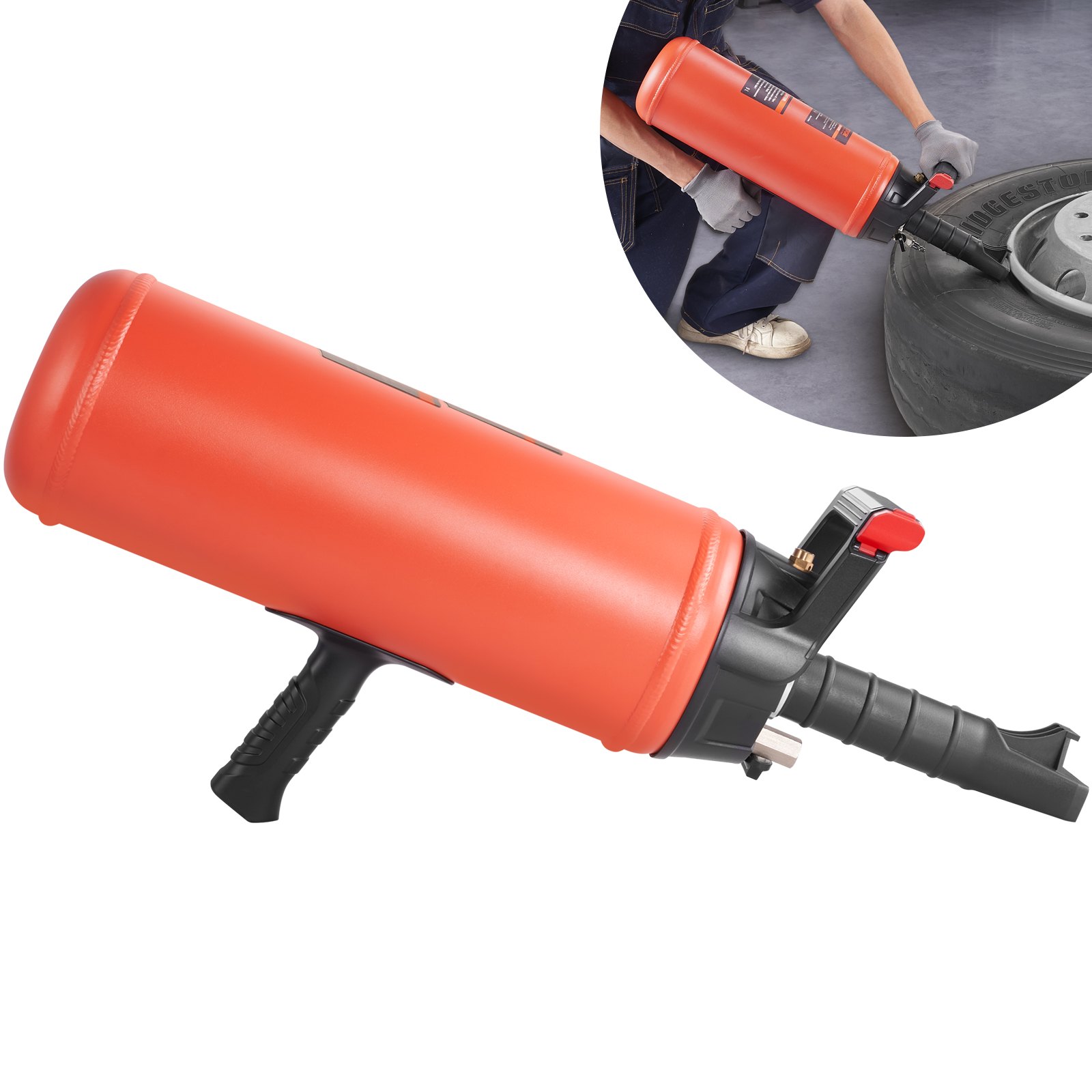 Inflador de talón de neumáticos VEVOR con tanque naranja y mango negro, para inflar un neumático en un garaje.