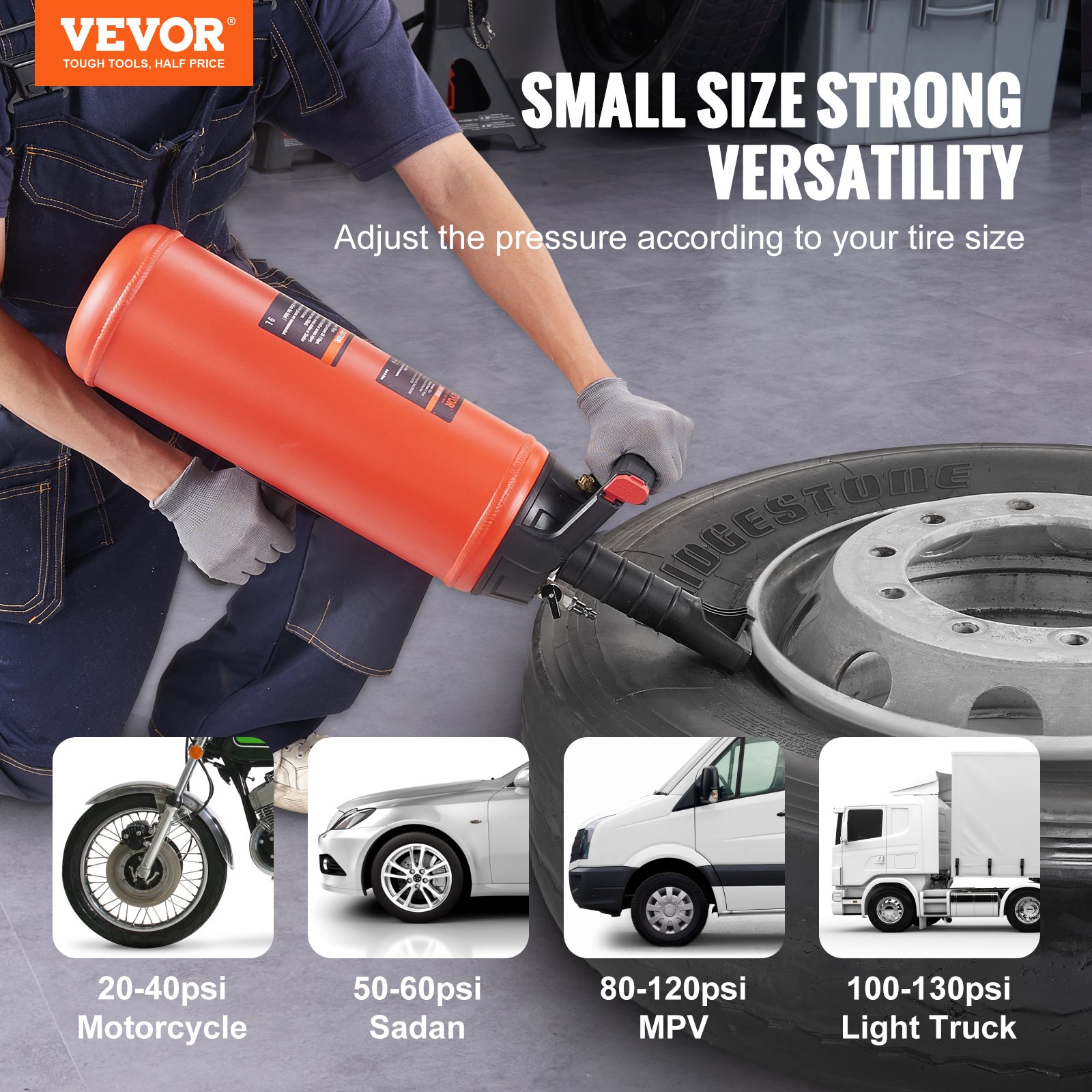 VEVOR Tire Bead Blaster, 150 PSI, inflador neumático portátil de 2.4 gal/9 L, herramienta de inflado portátil, 87-116 PSI para reparación de neumáticos de camiones, vehículos todo terreno, automóviles y tractores.