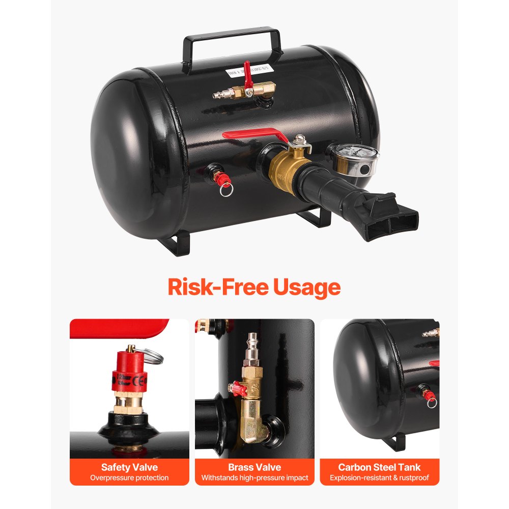 Inflador de talón de neumáticos VEVOR, 18,9 L (5 galones), herramienta de alta resistencia, presión de funcionamiento de 87-116 PSI, inflador de gatillo neumático para camionetas, camiones, cuatrimotos, jeeps, furgonetas, tractores cortacésped y vehículos recreativos, negro