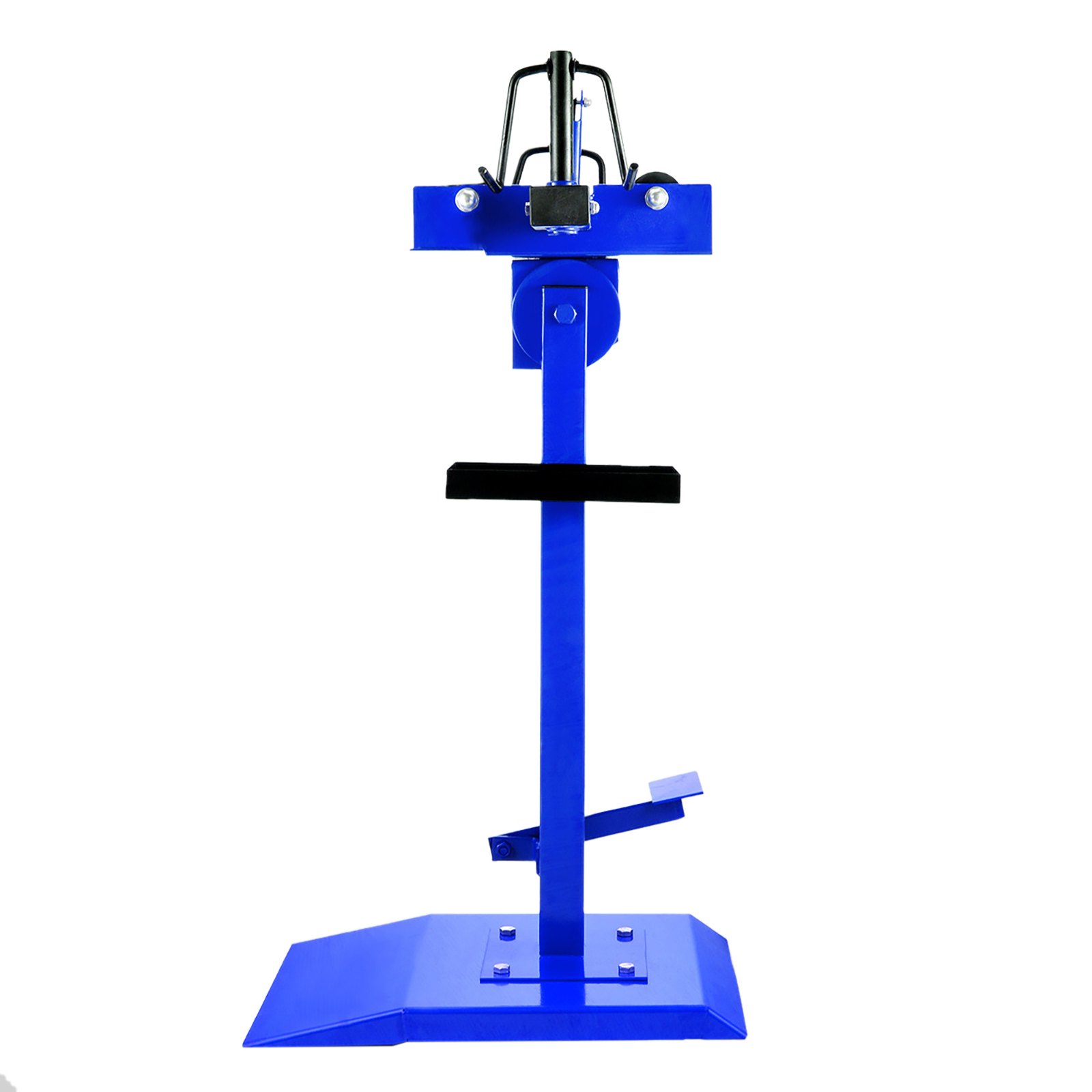 Esparcidor de neumáticos azul VEVOR sobre una base resistente con soportes ajustables y pedal.