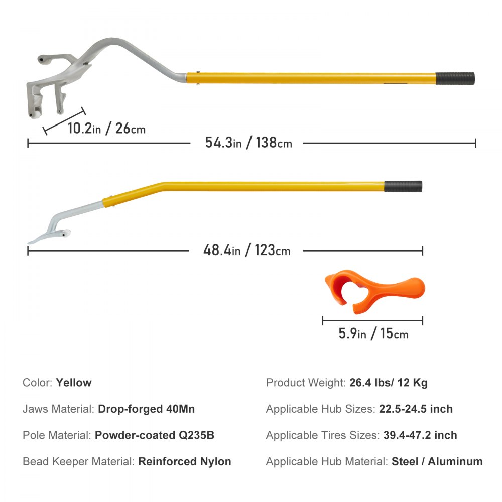 Dimensiones y materiales de la herramienta de montaje y desmontaje de neumáticos VEVOR en amarillo y naranja.
