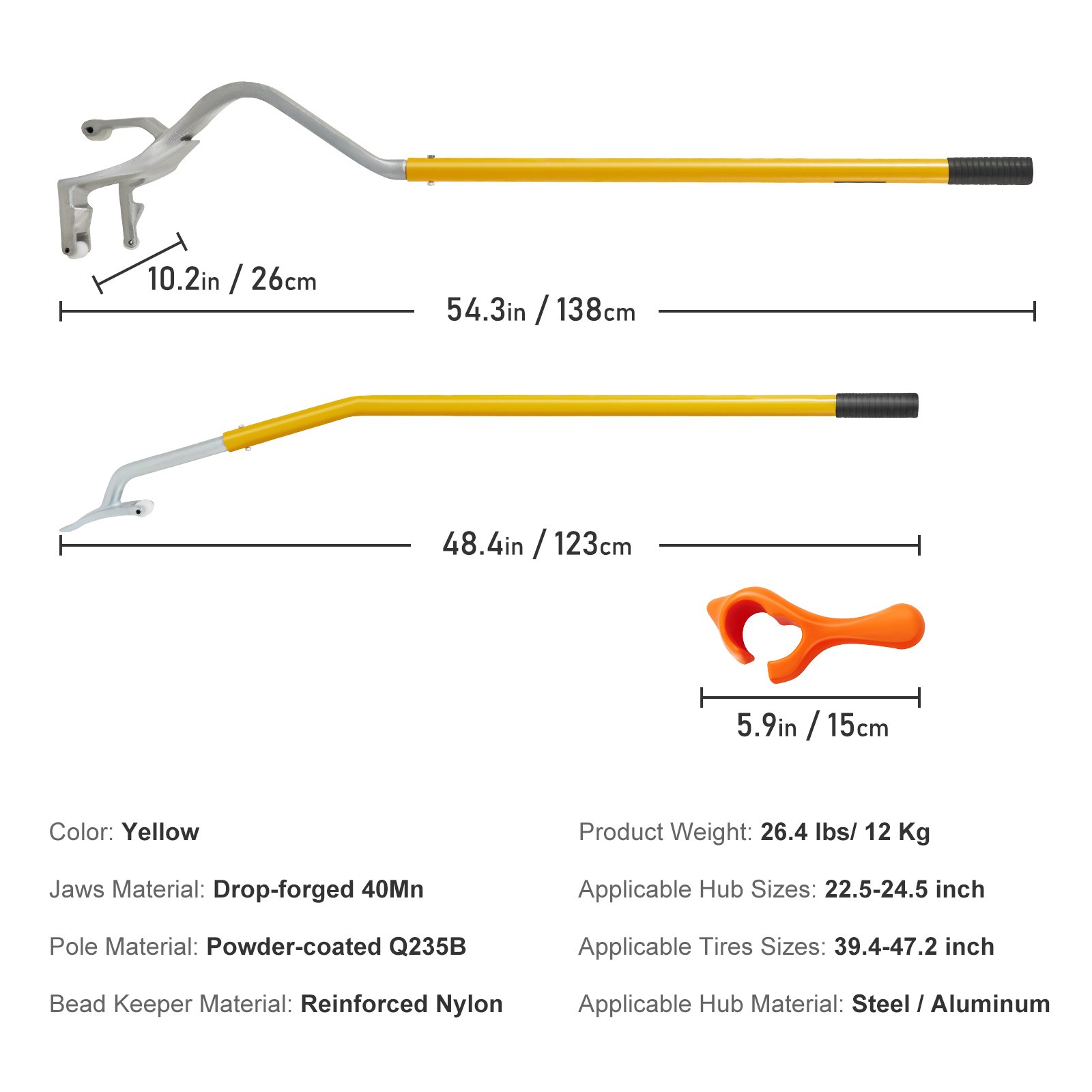 Dimensiones y materiales de la herramienta de montaje y desmontaje de neumáticos VEVOR en amarillo y naranja.