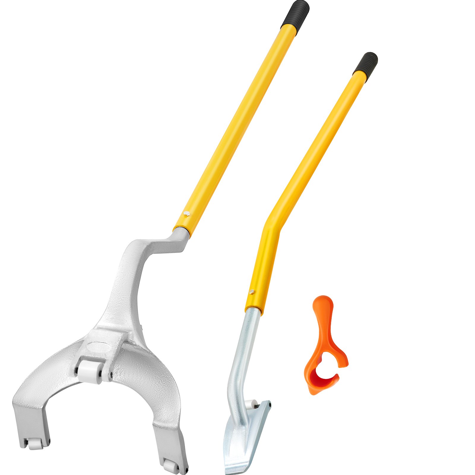 Herramienta para desmontar y montar neumáticos VEVOR con mangos amarillos y accesorio naranja.