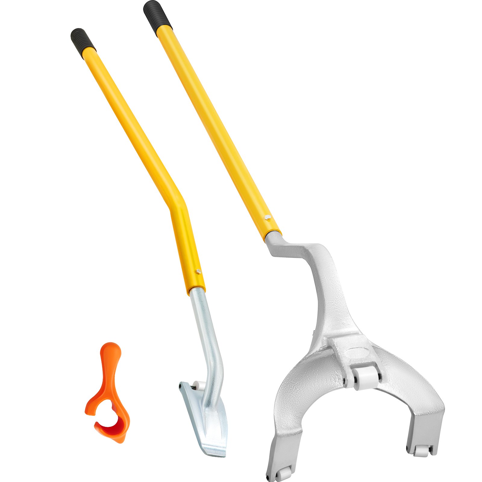 Herramienta para desmontar y montar neumáticos VEVOR con mangos amarillos y un accesorio de plástico naranja.