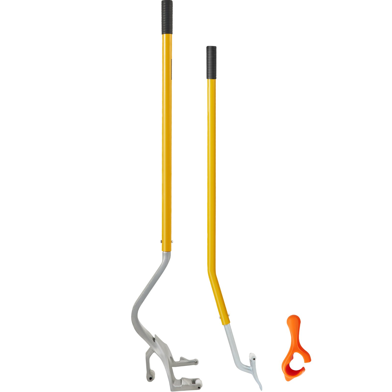 Herramienta para desmontar y montar neumáticos VEVOR con mangos amarillos y un protector de talón naranja.
