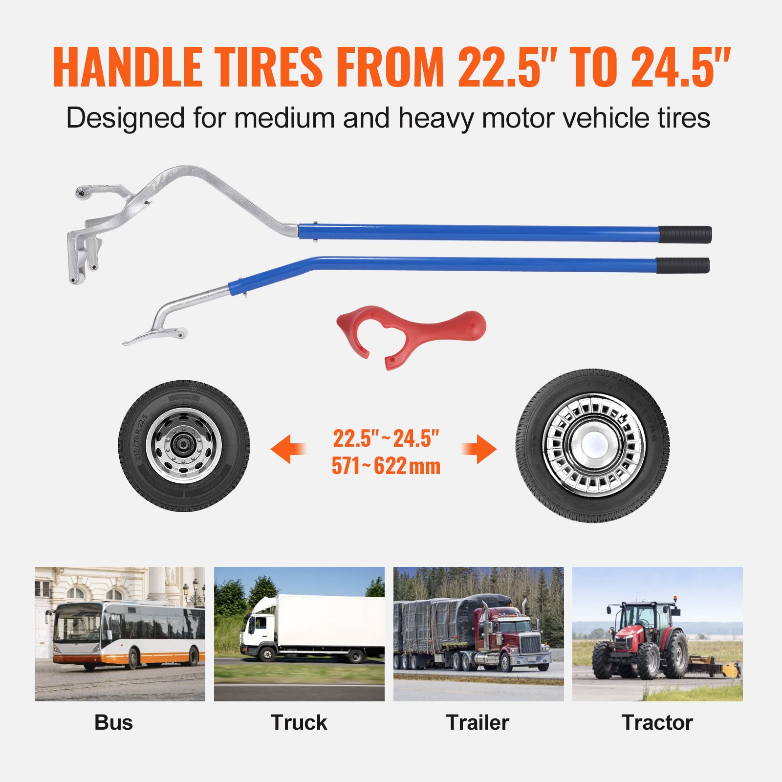VEVOR Herramienta de desmontaje de montaje de neumáticos, 571-622 mm Herramienta de desmontaje de montaje de desmontaje de acero manual, con extra Bead Keeper, Tubeless Truck Bead Breaker, 3 PCS Tire