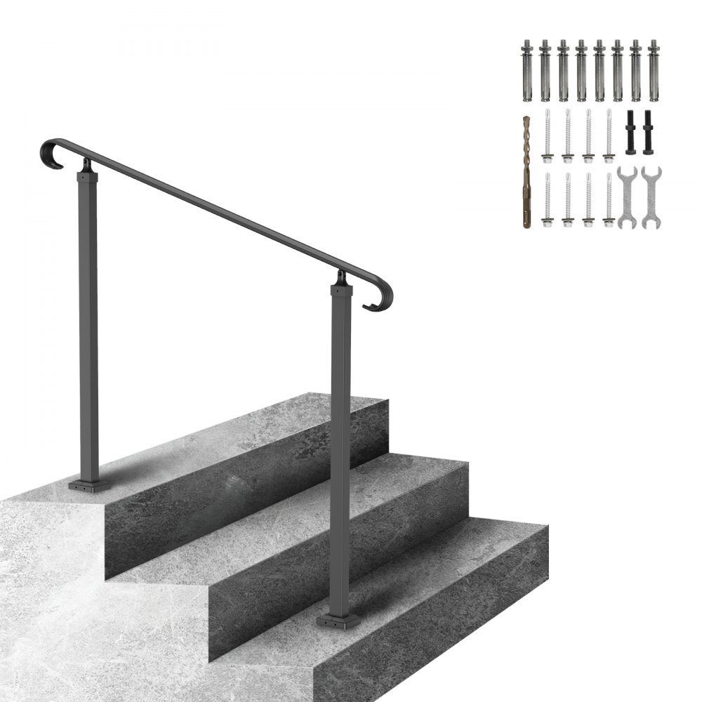 Pasamanos de exterior VEVOR instalados en escalones de hormigón con herrajes de montaje.