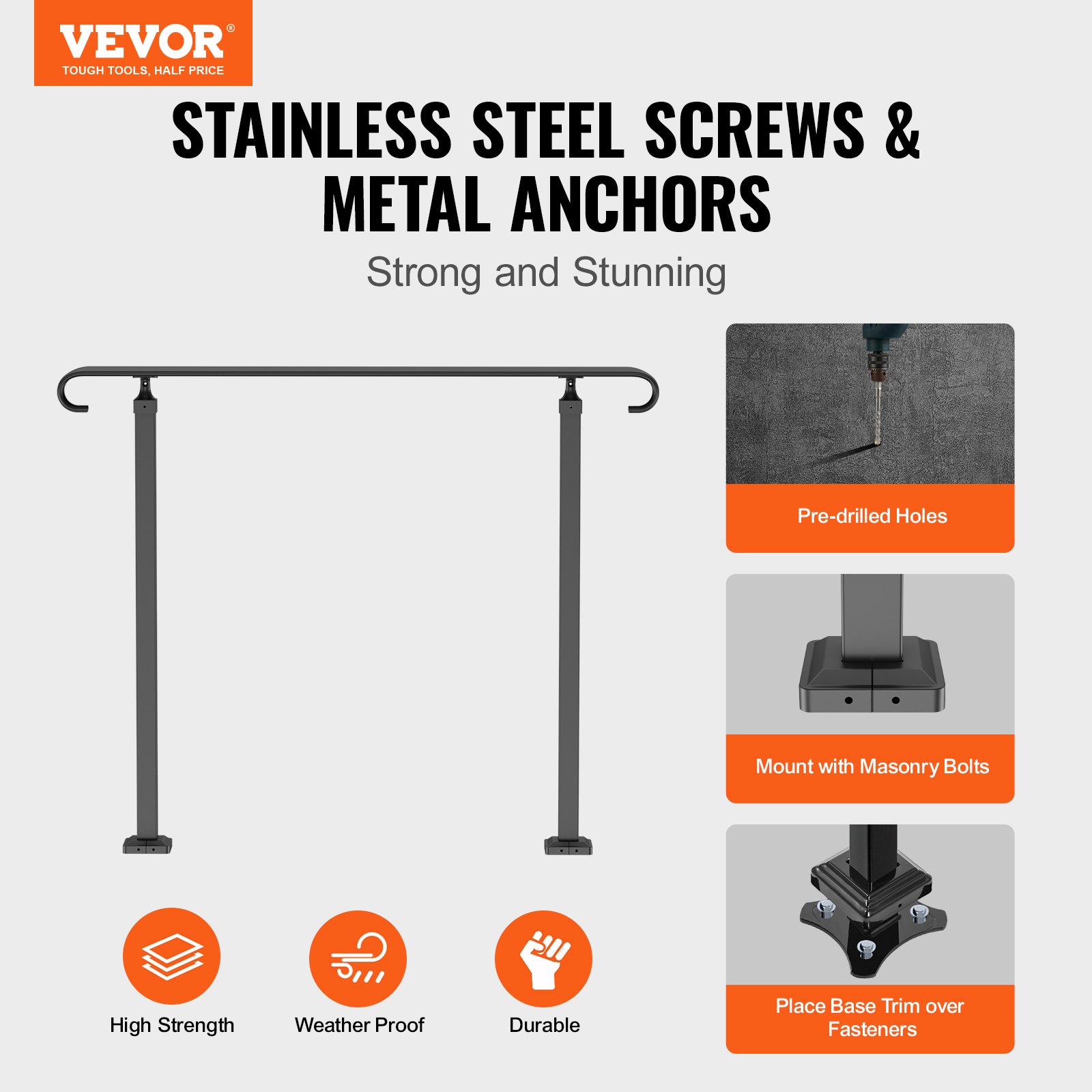 Pasamanos de exterior VEVOR con tornillería de acero inoxidable, anclajes metálicos y alta durabilidad.