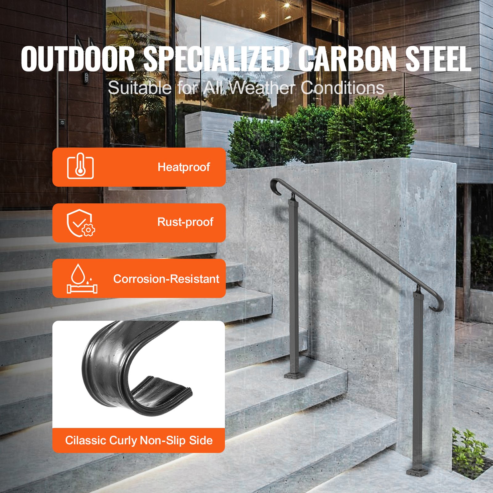 Pasamanos para exterior VEVOR en escalones de hormigón modernos, con características resistentes al calor y al óxido.