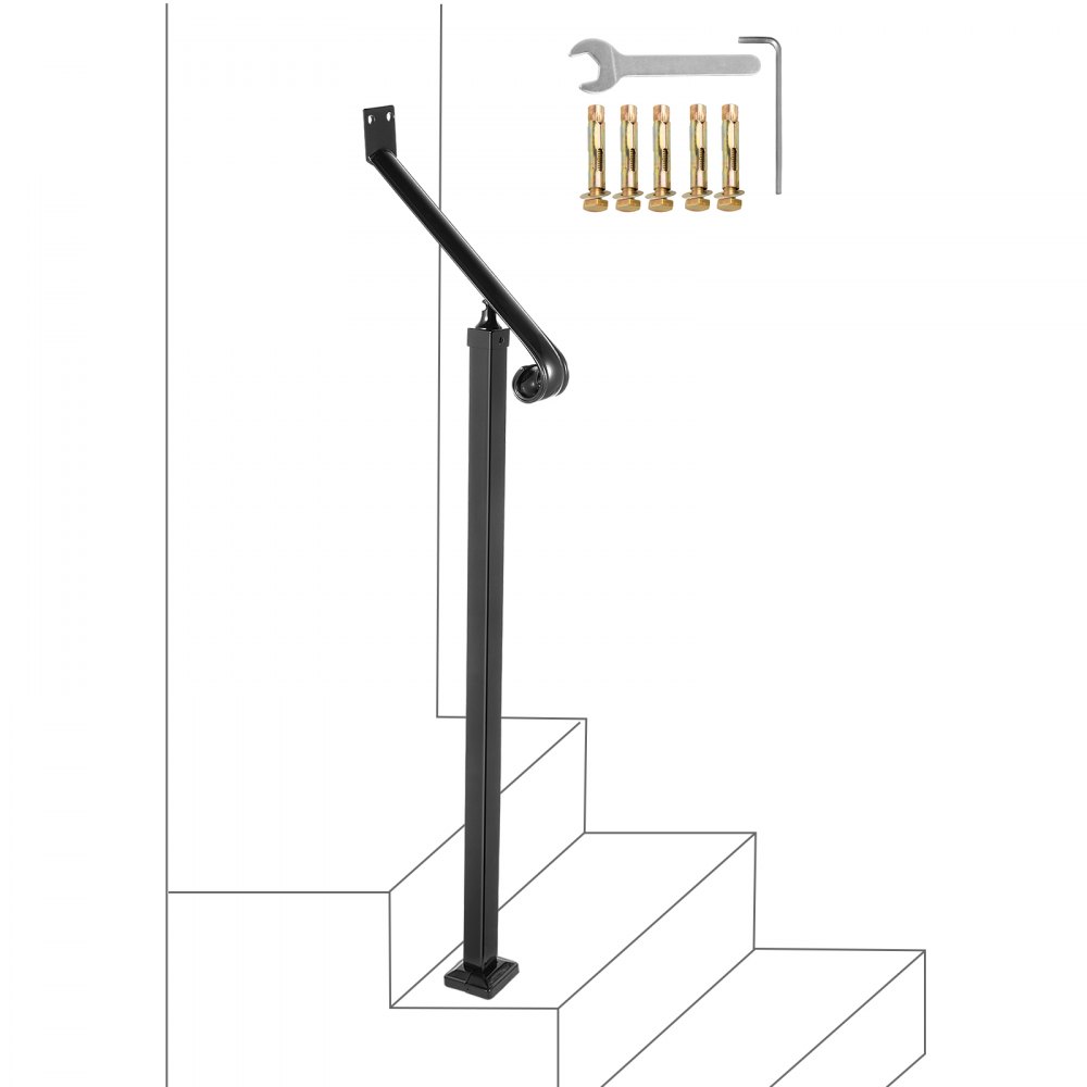 VEVOR Pasamanos para escalones exteriores Barandillas de 1-2 escalones Pasamanos de hierro forjado Pasamanos de escalera para escalones Barandillas de hierro negro para escalones Montaje en pared y piso con kit de instalación