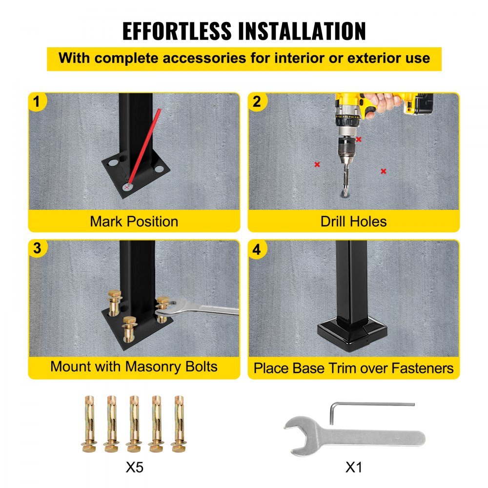 Pasamanos VEVOR para escaleras exteriores de 1 o 2 escalones, pasamanos de hierro forjado, pasamanos para escaleras, pasamanos de hierro negro para escaleras, montaje en pared y suelo con kit de instalación.