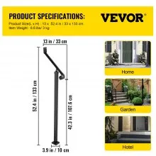 VEVOR Pasamanos para escalones exteriores Barandillas de 1-2 escalones Pasamanos de hierro forjado Pasamanos de escalera para escalones Barandillas de hierro negro para escalones Montaje en pared y piso con kit de instalación