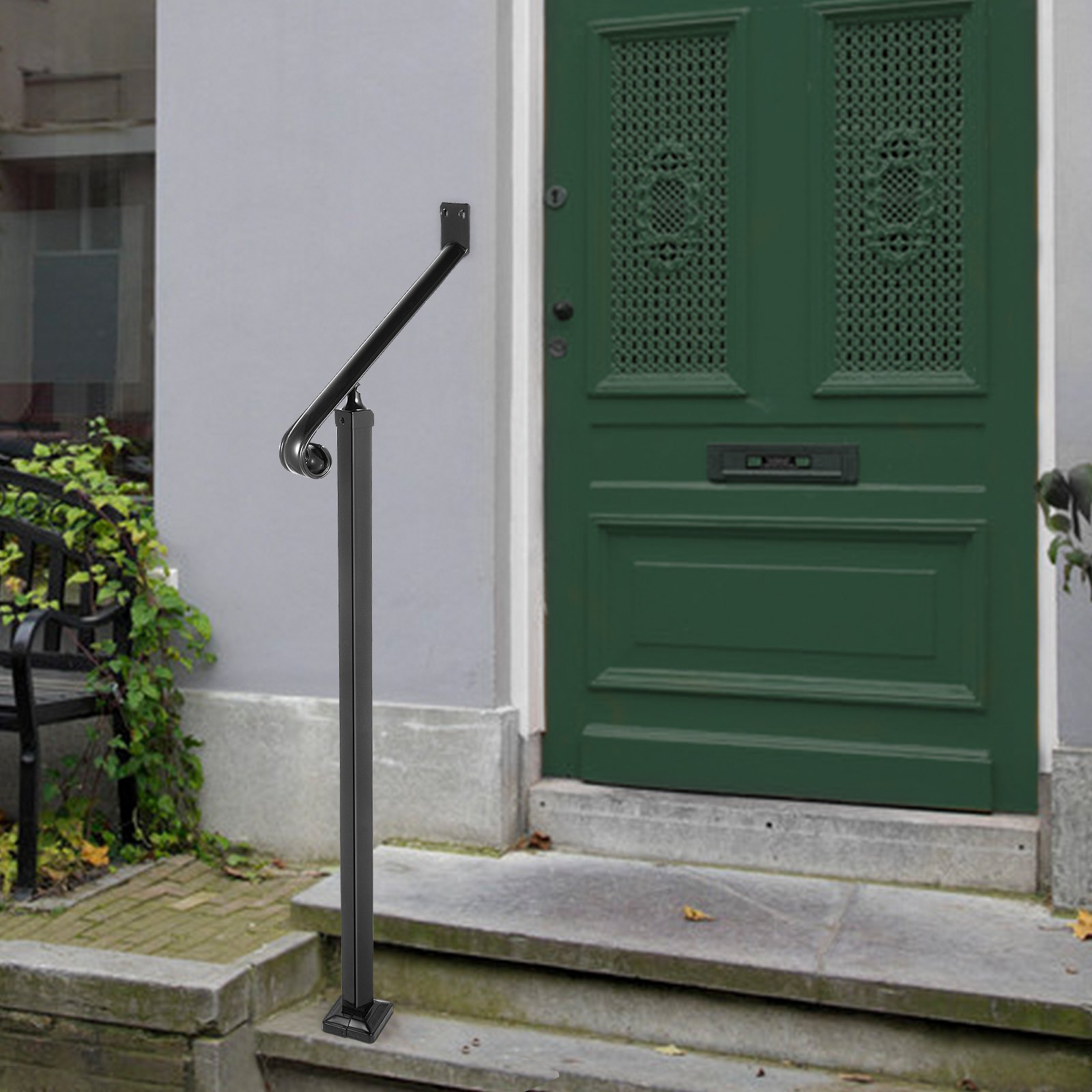 Pasamanos VEVOR para escaleras exteriores de 1 o 2 escalones, pasamanos de hierro forjado, pasamanos para escaleras, pasamanos de hierro negro para escaleras, montaje en pared y suelo con kit de instalación.